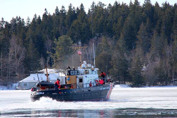 Tackling the Thoroughfare – Coast Guard vessel Tackle captain and crew worked tirelessly breaking up Fox Islands Thoroughfare ice, allowing ferries to run.  An outboard skiff run between islands became impossible, however, necessitating PIA to fly people to their jobs island to island.